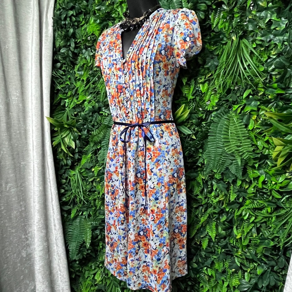 MSK Dress Size 6 Floral Print Blue Orange Pleated Midi with Tie Belt 3016‎ - Picture 7 of 9
